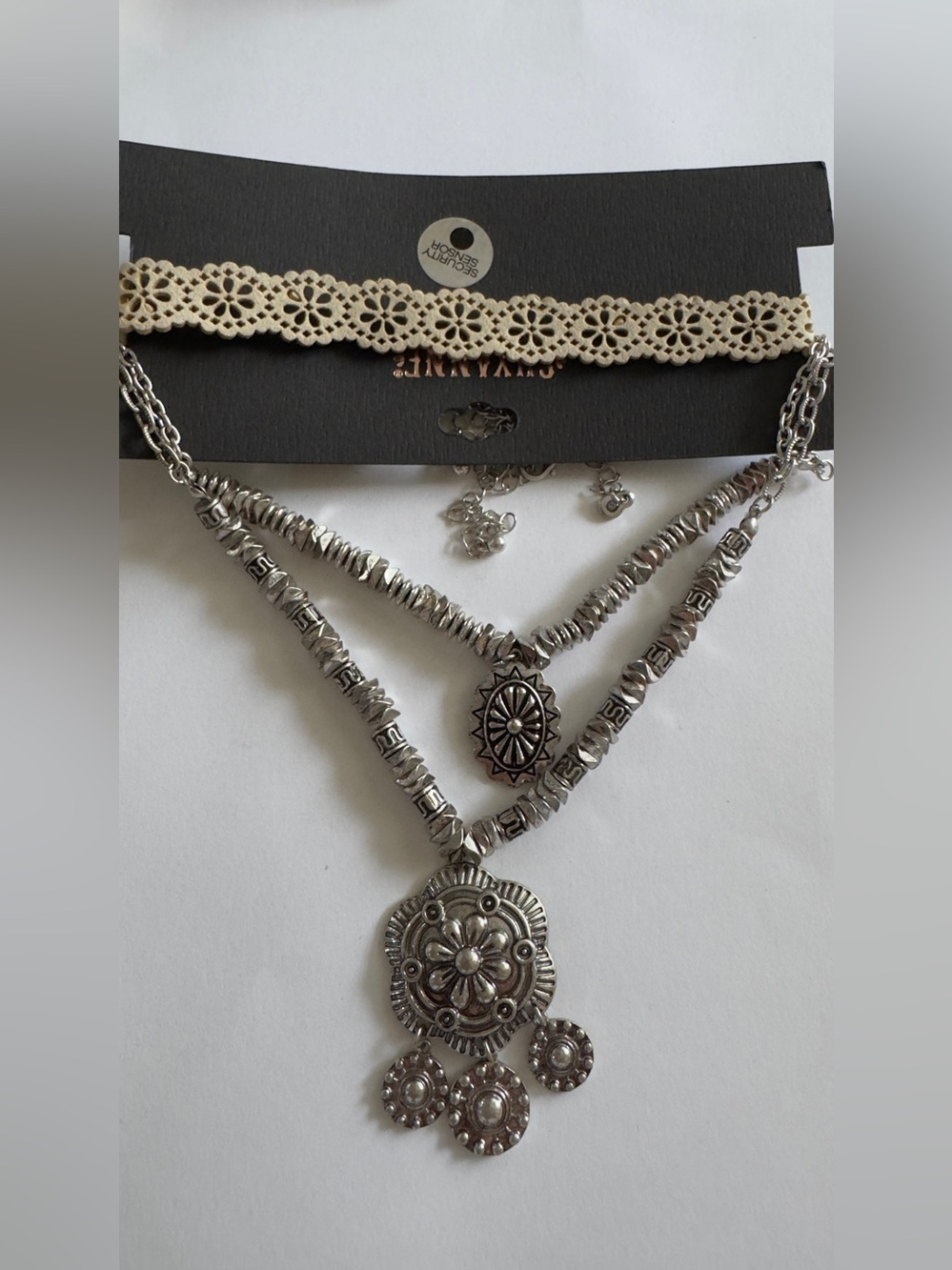Shyanne Silver-Tone Layered Floral Medallion Necklace with Cream Lace Choker